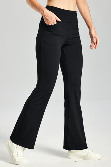 MASKERT Women's Fleece Lined Bootcut Pants,High Waisted Stretch Casual Pants,Warm Winter Pants with 4 Pockets - Black - XXL