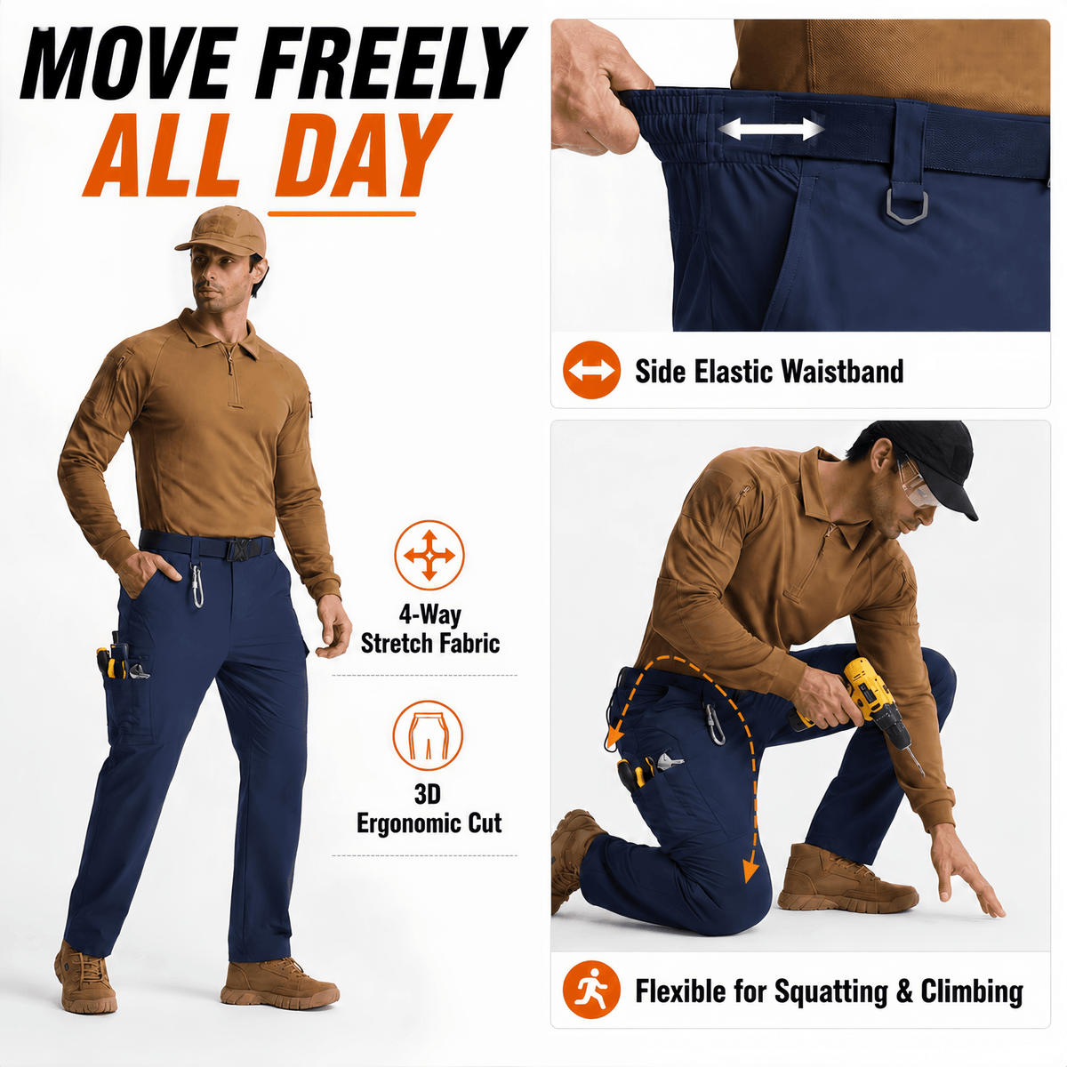 YAPPO Men's Work Pants, Water-Resistant Stretch Hiking Cargo Pants with 9 Pockets - Navy Blue - image 3