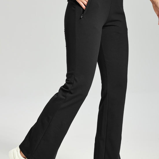 MASKERT Women's Fleece Lined Flare Pants, High Waisted Stretch Casual Pants with Zipper Pockets, Soft Warm Bootcut Pants for Fall Winter - Black - L - 31