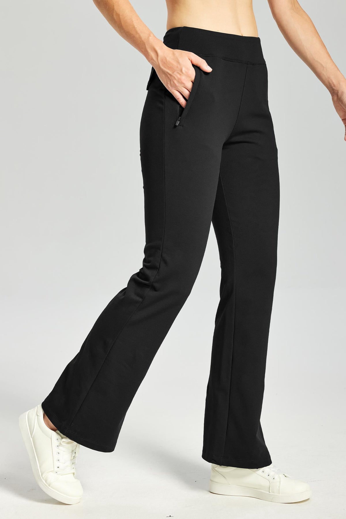 MASKERT Women's Fleece Lined Flare Pants, High Waisted Stretch Casual Pants with Zipper Pockets, Soft Warm Bootcut Pants for Fall Winter - Black - L - 31