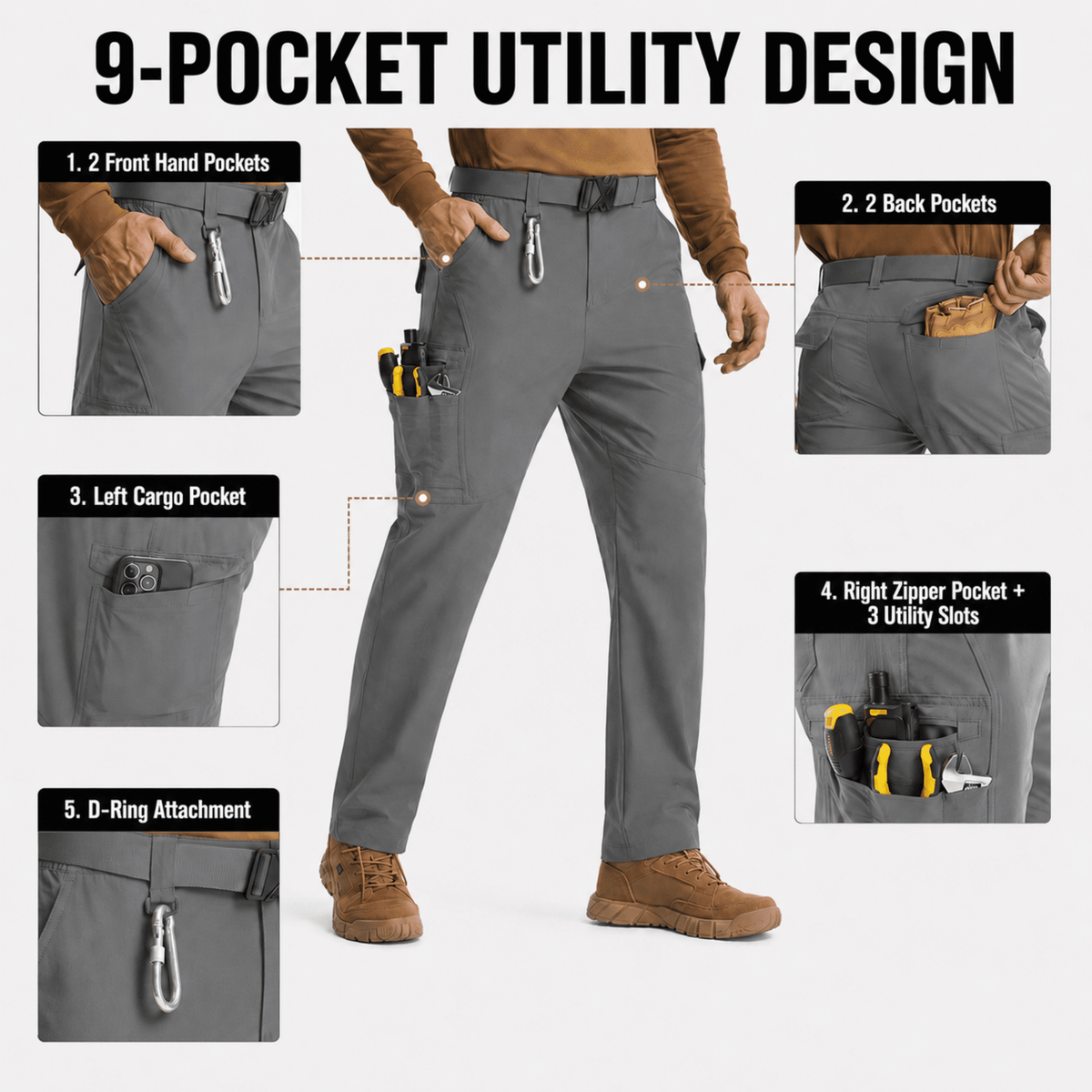 YAPPO Men's Work Pants, Water-Resistant Stretch Hiking Cargo Pants with 9 Pockets - Grey - image 3