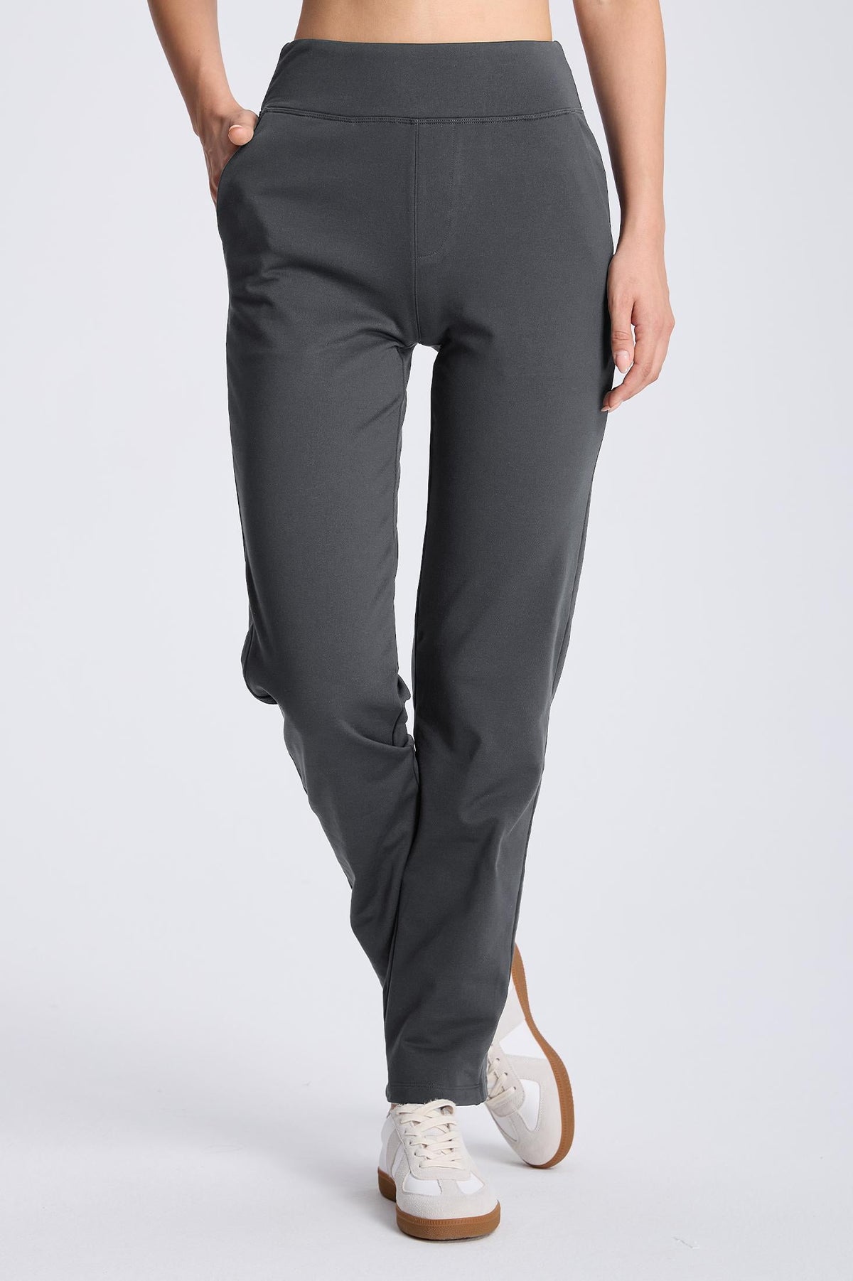 MASKERT Women¡¯s Fleece Pants, High Waisted Casual Straight Leg Pants with Stretch, Warm Fleece Lined Slim Fit Pants with Zipper Pockets for Work Golf Hiking Daily Wear - Dark Gray - S - 31