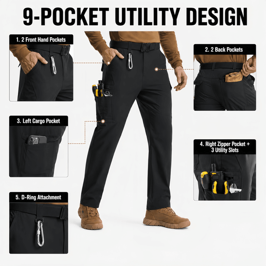 YAPPO Men's Work Pants, Water-Resistant Stretch Hiking Cargo Pants with 9 Pockets - Black - image 4