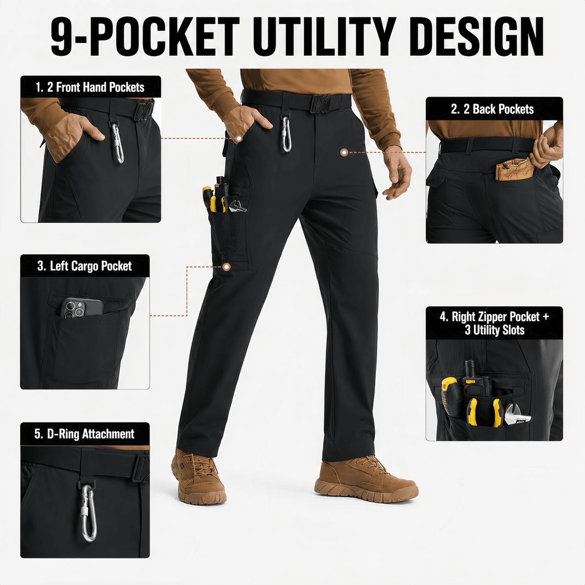 YAPPO Men's Work Pants, Water-Resistant Stretch Hiking Cargo Pants with 9 Pockets - Black - image 4