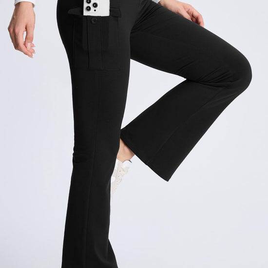 MASKERT Women¡¯s Fleece Lined Flare Pants, High Waist Stretch Casual Pants with Cargo Pockets, Soft Warm Bootcut Pants for Fall Winter - Black - S - 29