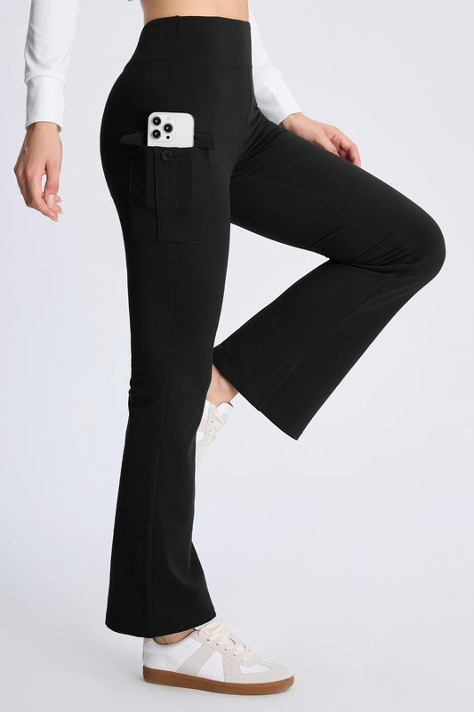 MASKERT Women¡¯s Fleece Lined Flare Pants, High Waist Stretch Casual Pants with Cargo Pockets, Soft Warm Bootcut Pants for Fall Winter - Black - S - 29