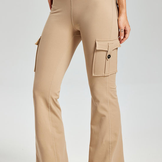 MASKERT Women's Fleece Lined Flare Pants, High Waisted Stretch Casual Pants, Water Resistant Warm Pants with 4 Pockets for Outdoor Travel and Daily Wear - Khaki - XXL - 29