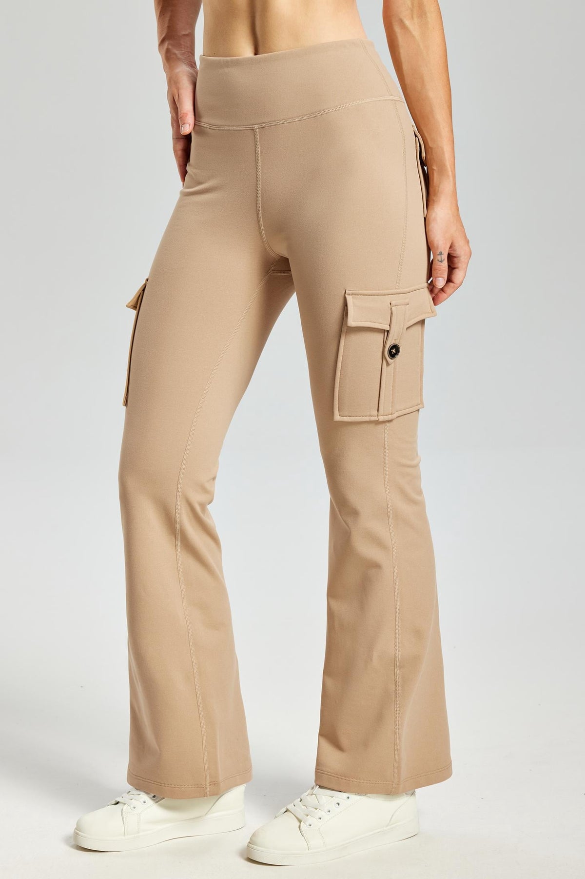 MASKERT Women's Fleece Lined Flare Pants, High Waisted Stretch Casual Pants, Water Resistant Warm Pants with 4 Pockets for Outdoor Travel and Daily Wear - Khaki - XXL - 29