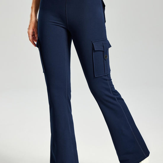 MASKERT Women's Fleece Lined Flare Pants, High Waisted Stretch Casual Pants, Water Resistant Warm Pants with 4 Pockets for Outdoor Travel and Daily Wear - Navy - S - 29