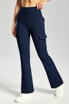 MASKERT Women's Fleece Lined Flare Pants, High Waisted Stretch Casual Pants, Water Resistant Warm Pants with 4 Pockets for Outdoor Travel and Daily Wear - Navy - S - 29