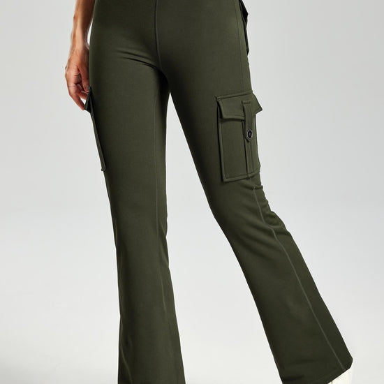 MASKERT Women's Fleece Lined Flare Pants, High Waisted Stretch Casual Pants, Water Resistant Warm Pants with 4 Pockets for Outdoor Travel and Daily Wear - Army Green - XL - 29