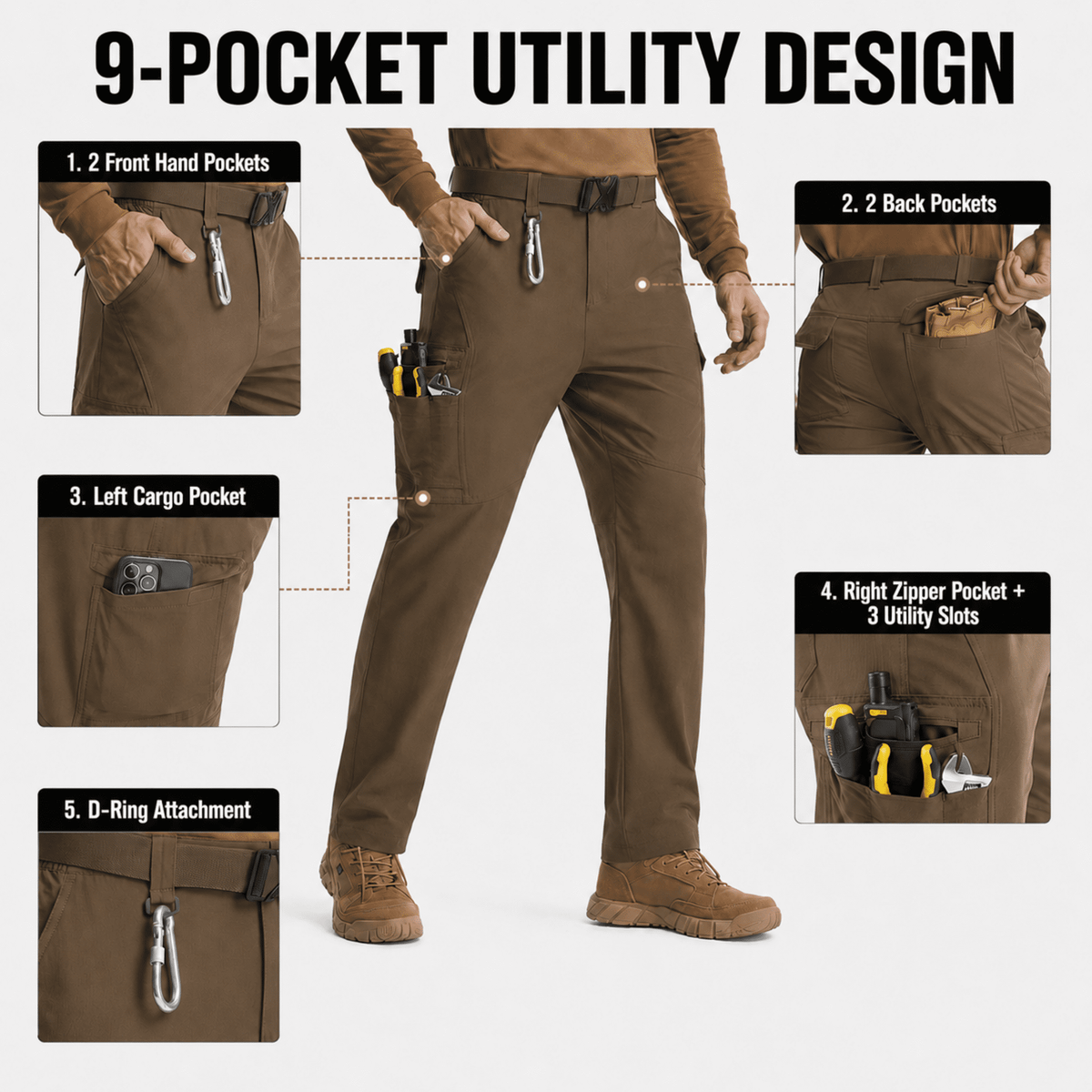 YAPPO Men's Work Pants, Water-Resistant Stretch Hiking Cargo Pants with 9 Pockets - Brown - image 5