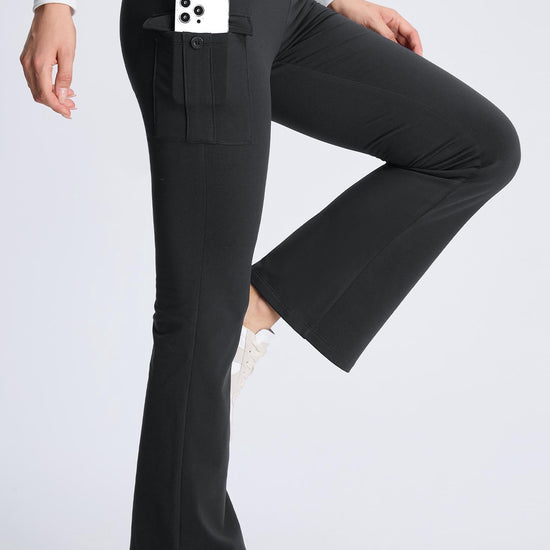 MASKERT Women¡¯s Fleece Lined Flare Pants, High Waist Stretch Casual Pants with Cargo Pockets, Soft Warm Bootcut Pants for Fall Winter - Dark Gray - L - 29