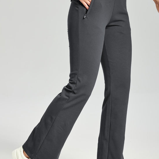 MASKERT Women's Fleece Lined Flare Pants, High Waisted Stretch Casual Pants with Zipper Pockets, Soft Warm Bootcut Pants for Fall Winter - Dark Gray - XXL - 29