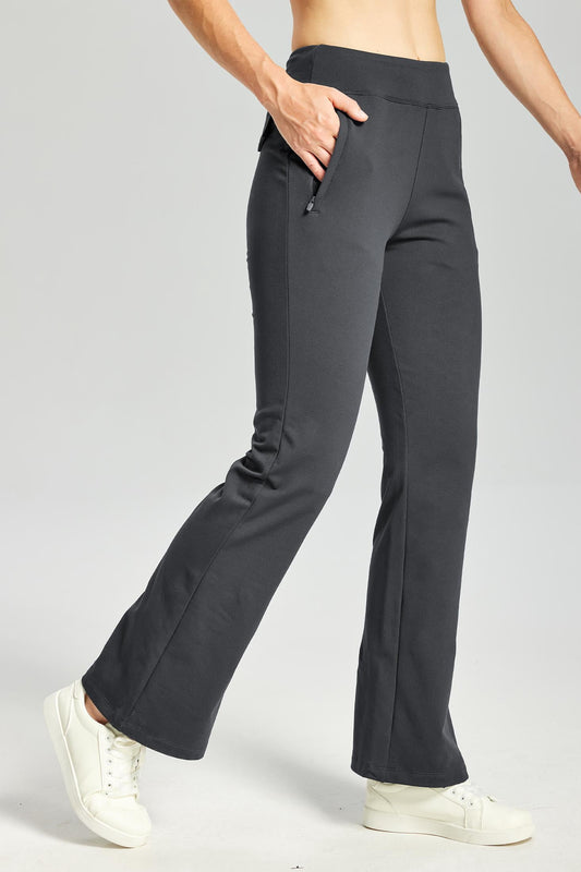 MASKERT Women's Fleece Lined Flare Pants, High Waisted Stretch Casual Pants with Zipper Pockets, Soft Warm Bootcut Pants for Fall Winter - Dark Gray - XXL - 29