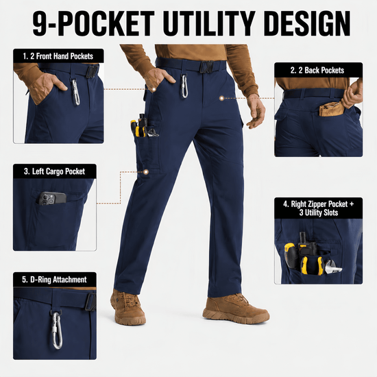 YAPPO Men's Work Pants, Water-Resistant Stretch Hiking Cargo Pants with 9 Pockets - Navy Blue - image 7