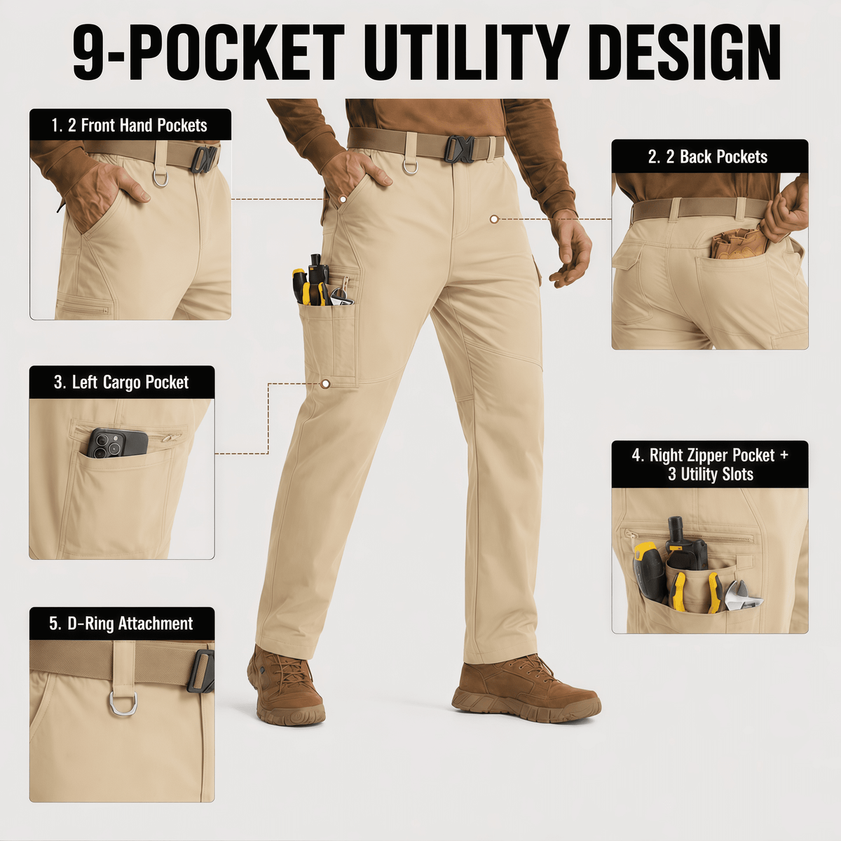 YAPPO Men's Work Pants, Water-Resistant Stretch Hiking Cargo Pants with 9 Pockets - Khaki - image 7