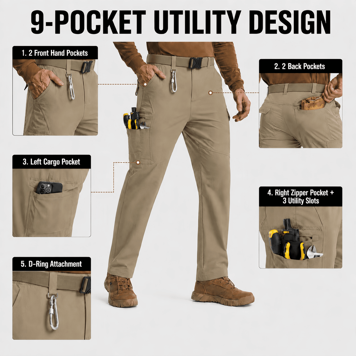YAPPO Men's Work Pants, Water-Resistant Stretch Hiking Cargo Pants with 9 Pockets - Stone Khaki - image 2