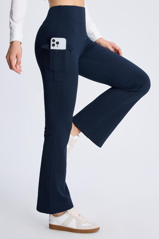 MASKERT Women¡¯s Fleece Lined Flare Pants, High Waist Stretch Casual Pants with Cargo Pockets, Soft Warm Bootcut Pants for Fall Winter - Navy - L - 29
