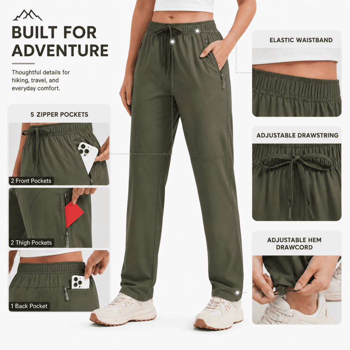 YAPPO Women's Hiking Pants Lightweight Quick Dry Cargo Pants, Water Resistant UPF 50+ Travel Outdoor Pants with 5 Zipper…