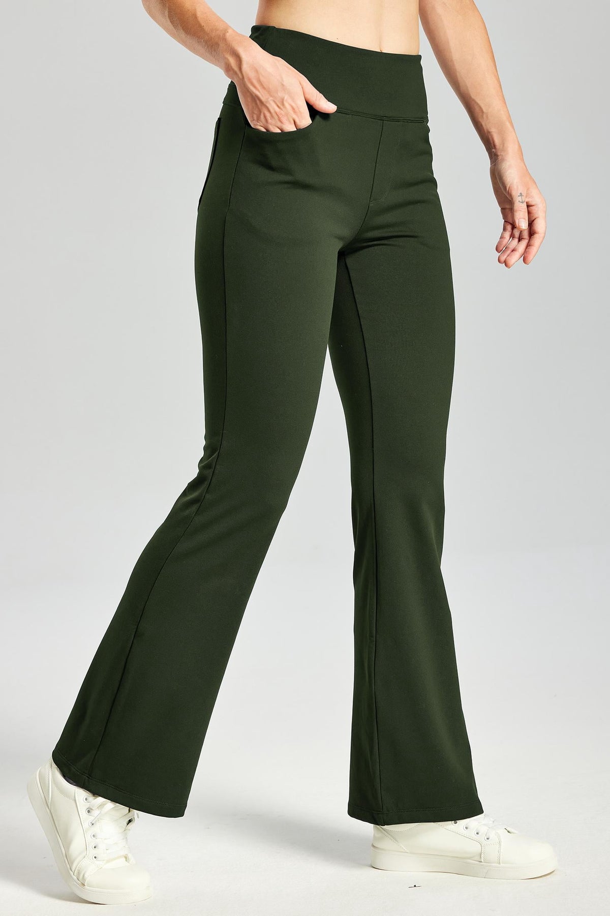 MASKERT Women's Fleece Lined Bootcut Pants,High Waisted Stretch Casual Pants,Warm Winter Pants with 4 Pockets - Army Green - XL