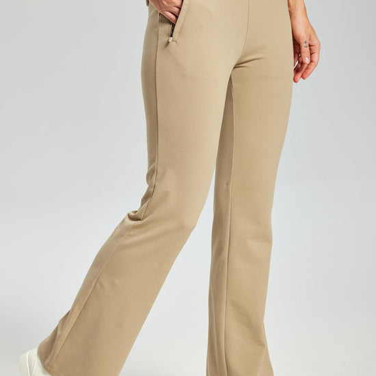 MASKERT Women's Fleece Lined Flare Pants, High Waisted Stretch Casual Pants with Zipper Pockets, Soft Warm Bootcut Pants for Fall Winter - Khaki - M - 31