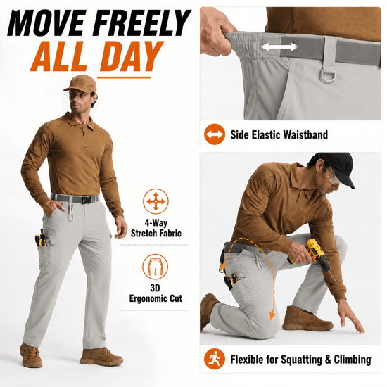 YAPPO Men's Work Pants, Water-Resistant Stretch Hiking Cargo Pants with 9 Pockets - Light Grey - image 3