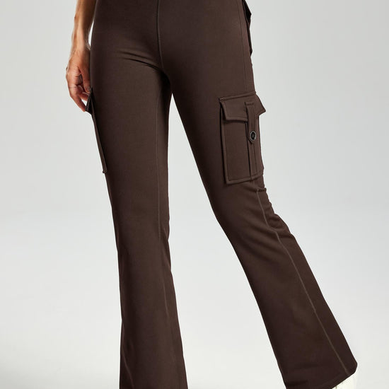 MASKERT Women's Fleece Lined Flare Pants, High Waisted Stretch Casual Pants, Water Resistant Warm Pants with 4 Pockets for Outdoor Travel and Daily Wear - Brown - M - 29