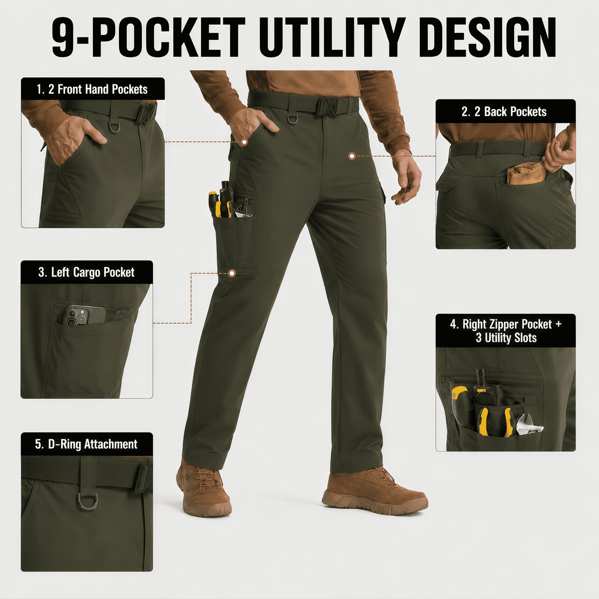 YAPPO Men's Work Pants, Water-Resistant Stretch Hiking Cargo Pants with 9 Pockets - Army Green - image 5