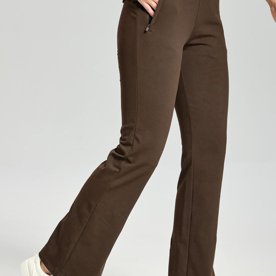 MASKERT Women's Fleece Lined Flare Pants, High Waisted Stretch Casual Pants with Zipper Pockets, Soft Warm Bootcut Pants for Fall Winter - Brown - XXL - 31