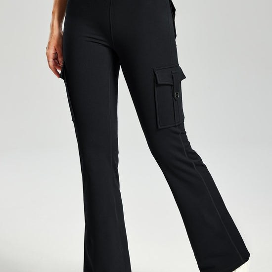 MASKERT Women's Fleece Lined Flare Pants, High Waisted Stretch Casual Pants, Water Resistant Warm Pants with 4 Pockets for Outdoor Travel and Daily Wear - Black - M - 29