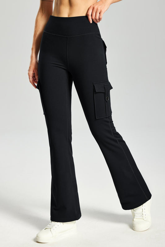 MASKERT Women's Fleece Lined Flare Pants, High Waisted Stretch Casual Pants, Water Resistant Warm Pants with 4 Pockets for Outdoor Travel and Daily Wear - Black - M - 29