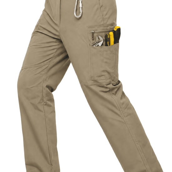 YAPPO Men's Work Pants, Water-Resistant Stretch Hiking Cargo Pants with 9 Pockets - Stone Khaki