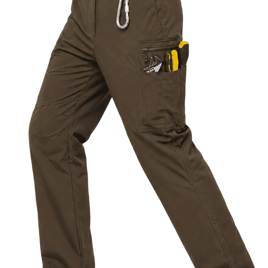 YAPPO Men's Work Pants, Water-Resistant Stretch Hiking Cargo Pants with 9 Pockets - Brown