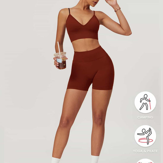 Maskert AirSoft Seamless Camisole Sports Two-Piece Set Canyon Red Front  Full Body Coffee in hand Pose