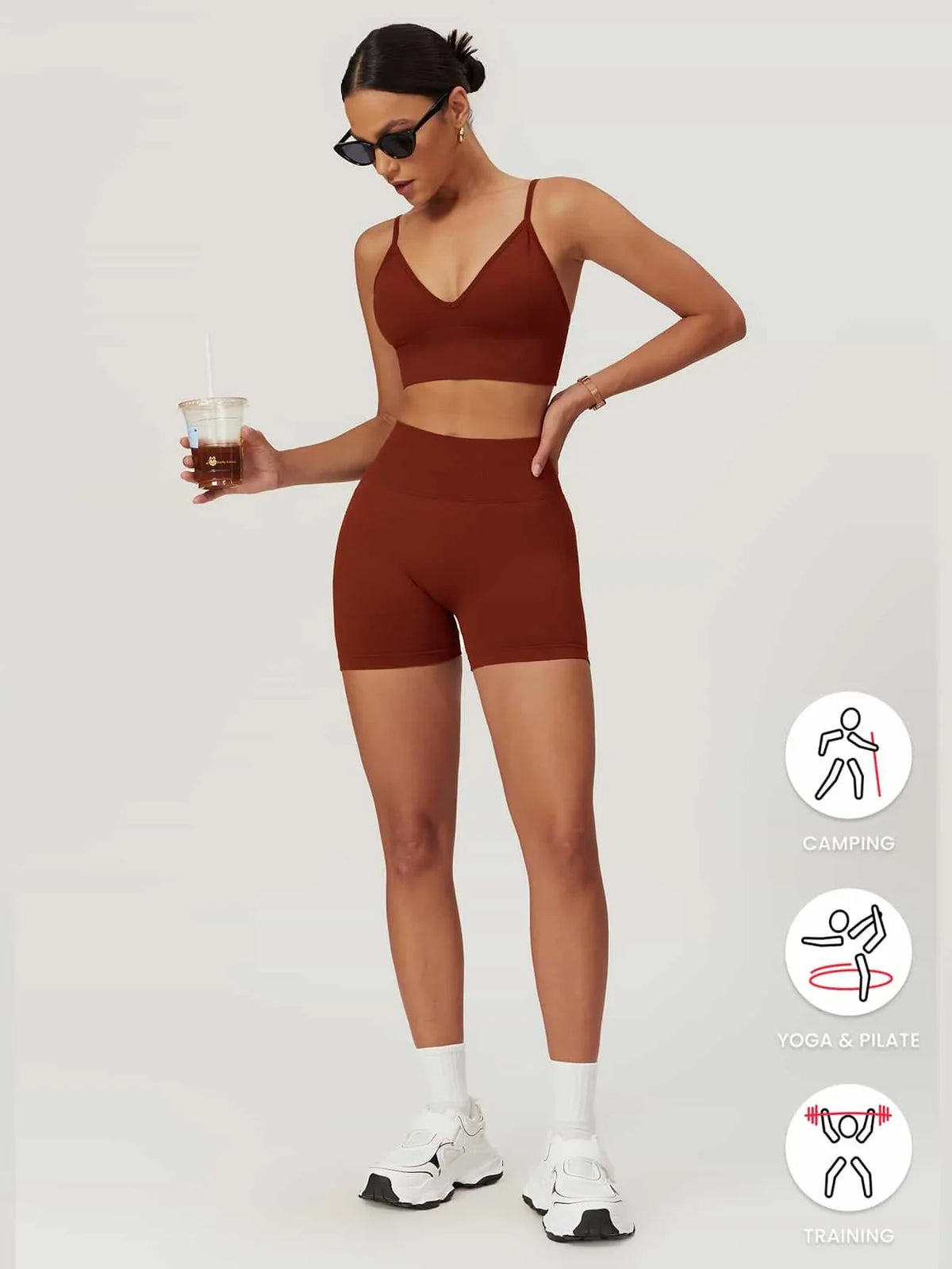 Maskert AirSoft Seamless Camisole Sports Two-Piece Set Canyon Red Front  Full Body Coffee in hand Pose2