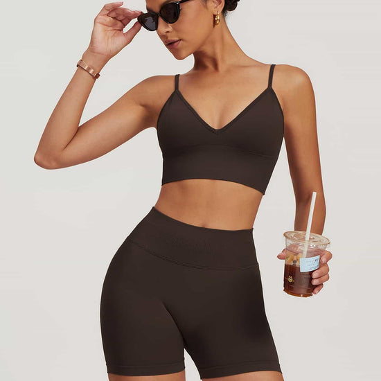 Maskert AirSoft Seamless Camisole Sports Two-Piece Set Chocolate Brown Front Detail 