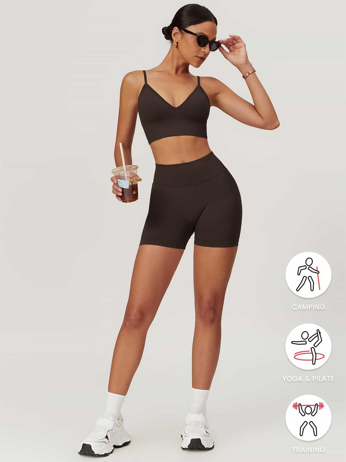 Maskert AirSoft Seamless Camisole Sports Two-Piece Set Chocolate Brown Front Full Body Coffee in hand Pose2