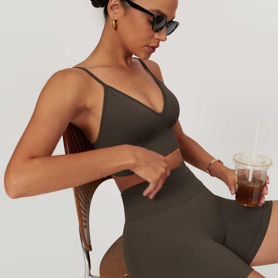 Maskert AirSoft Seamless Camisole Sports Two-Piece Set Mocha Brown  Sitting in a chair holding coffee