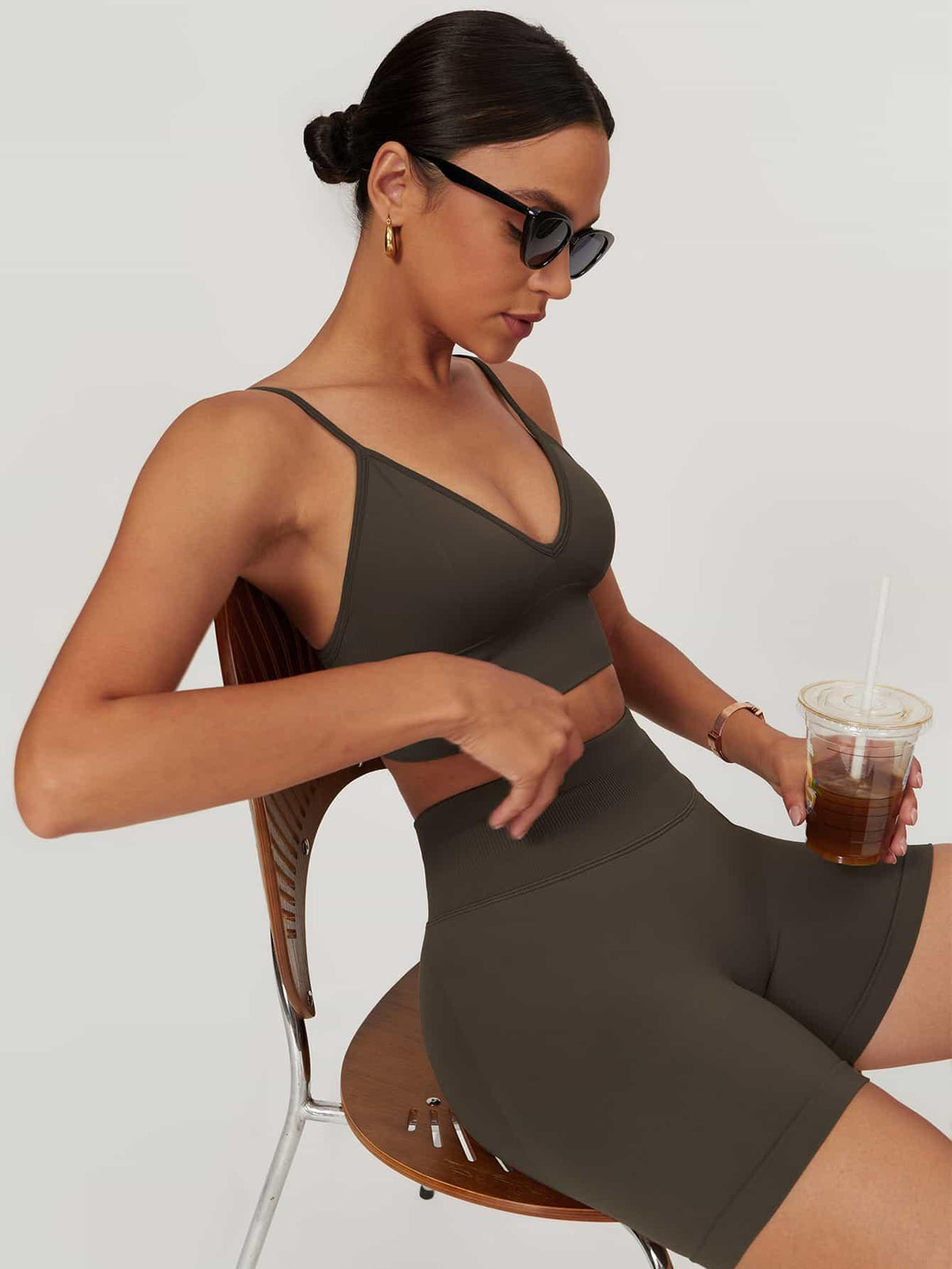 Maskert AirSoft Seamless Camisole Sports Two-Piece Set Mocha Brown  Sitting in a chair holding coffee