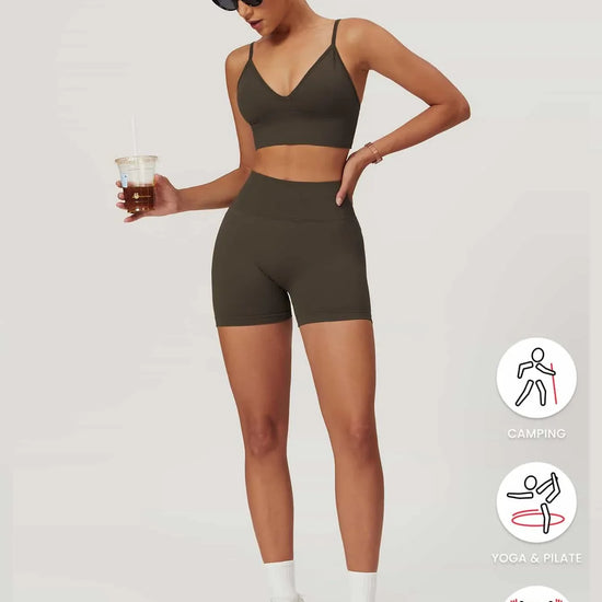 Maskert AirSoft Seamless Camisole Sports Two-Piece Set Mocha Brown   holding coffee Full Body Pose3