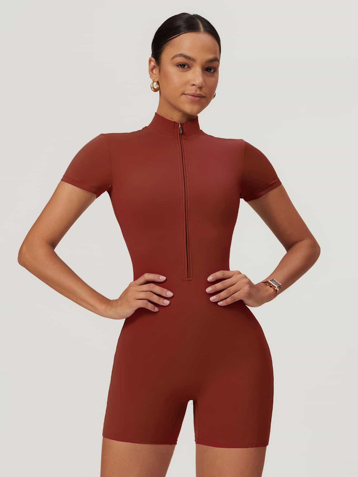 Maskert BodySculpt Cropped High Elasticity Jumpsuit 5'' Coral Red Front Pose2