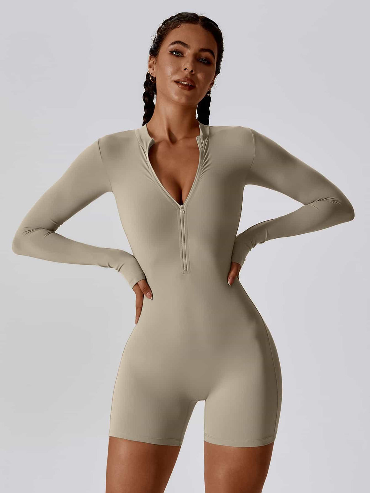 CloudWeave Long Sleeve Cropped Jumpsuit 5" - MASKERT - Oatmeal / S