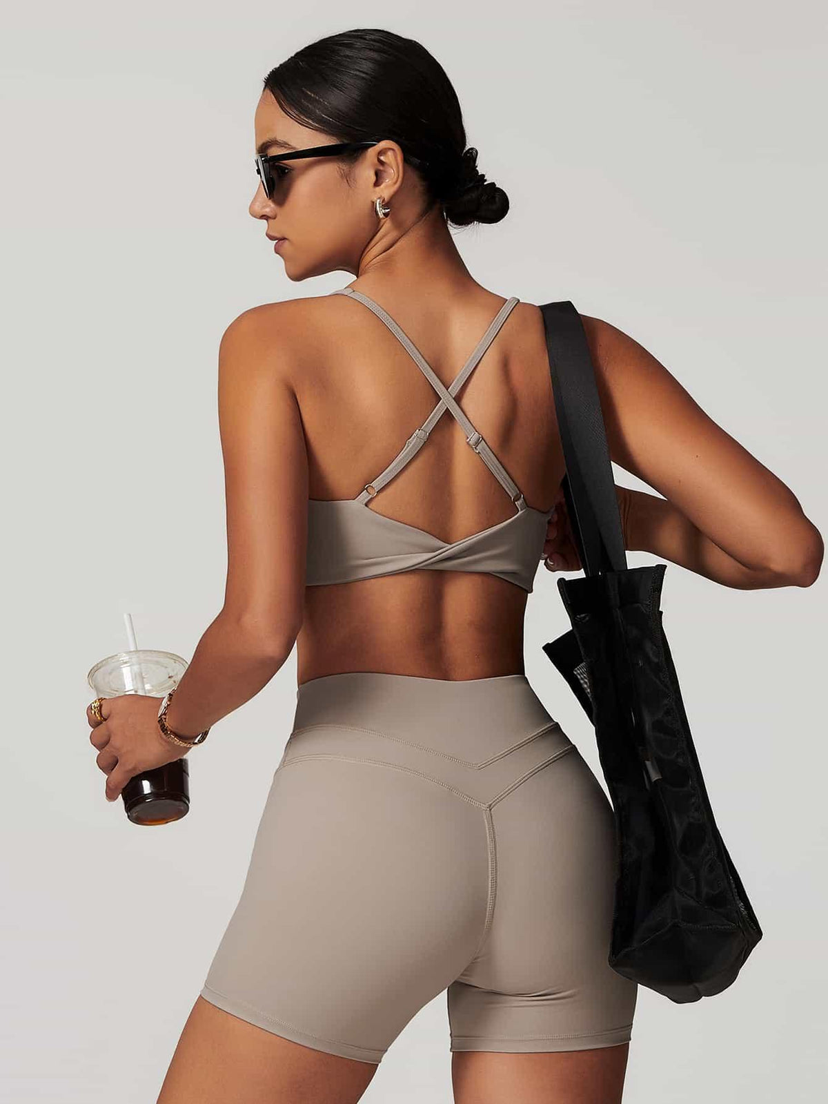 Maskert Criss-Cross Back Tank & Sculpted Leggings Set Oatmeal Model Back
