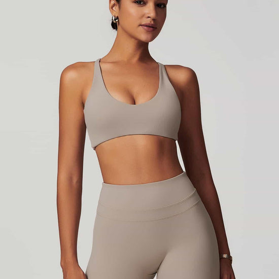 Maskert Criss-Cross Back Tank & Sculpted Leggings Set Oatmeal Model Front