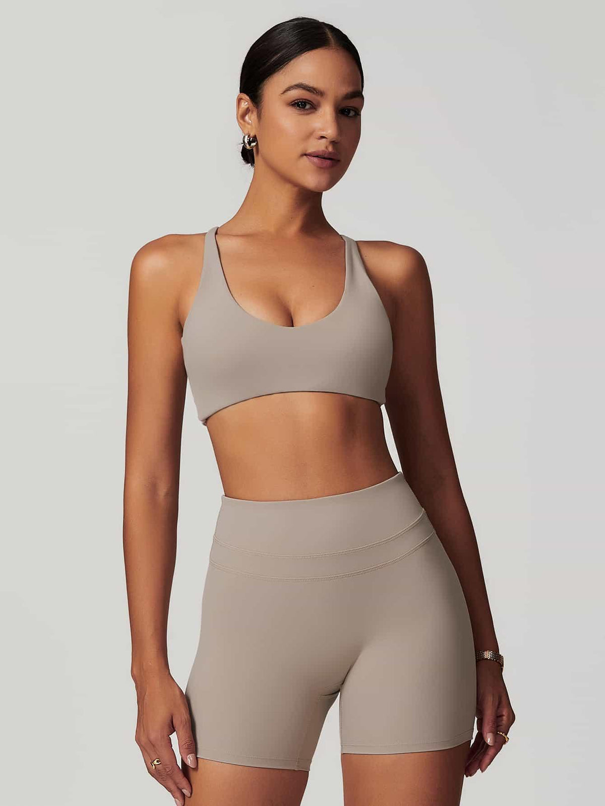 Maskert Criss-Cross Back Tank & Sculpted Leggings Set Oatmeal Model Front