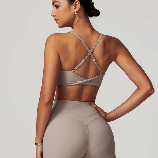 Maskert Criss-Cross Back Tank & Sculpted Leggings Set Oatmeal model Back Pose2