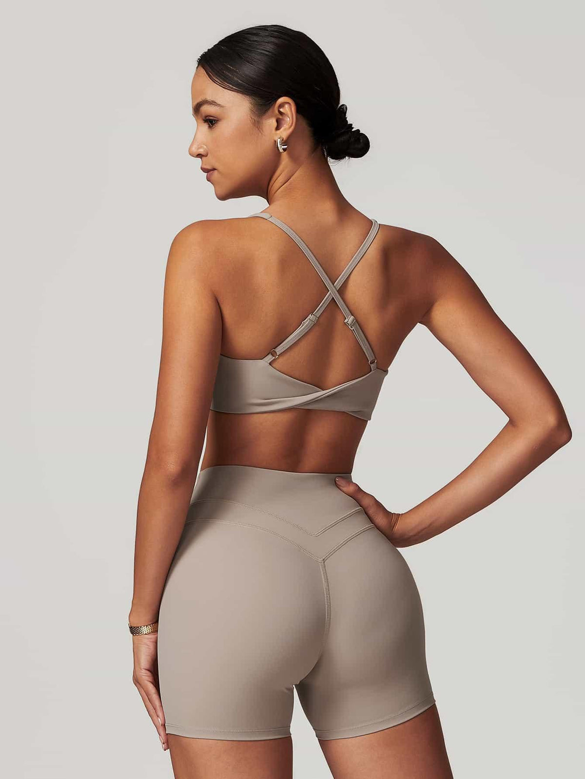 Maskert Criss-Cross Back Tank & Sculpted Leggings Set Oatmeal model Back Pose2