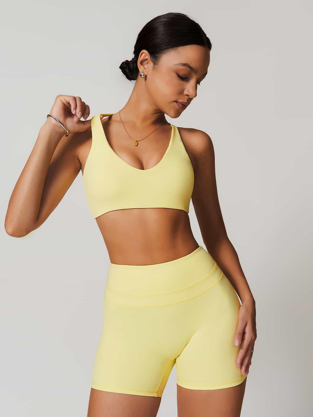 Maskert Criss-Cross Back Tank & Sculpted Leggings Set Pastel Yellow Model Front 2