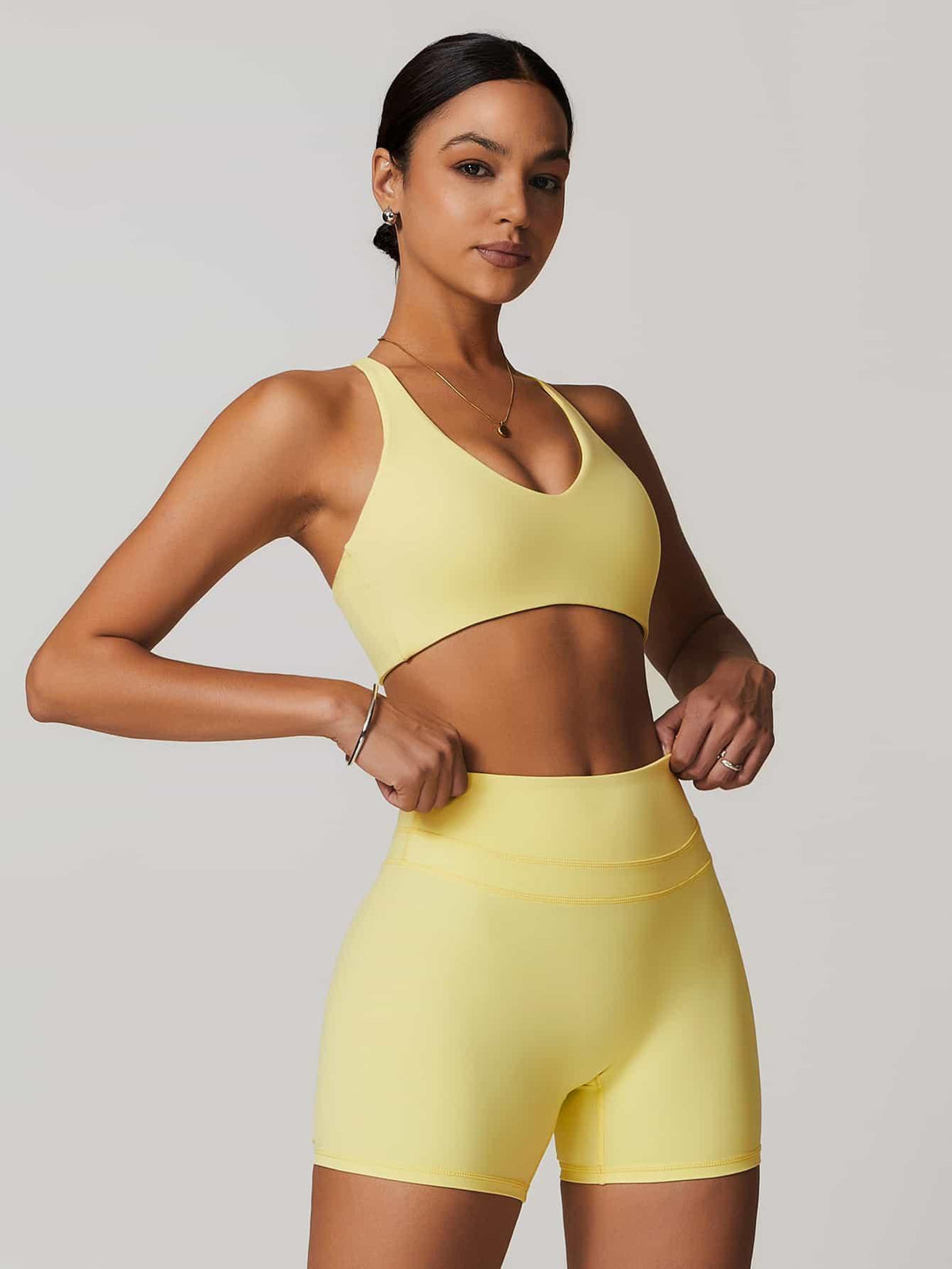 Maskert Criss-Cross Back Tank & Sculpted Leggings Set Pastel Yellow Model Front 3
